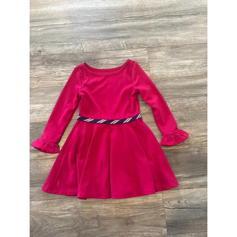 Polo Ralph Lauren Girls Pink Long Sleeve Ruffle Cuff Dress Size 5 Ribbon Waist